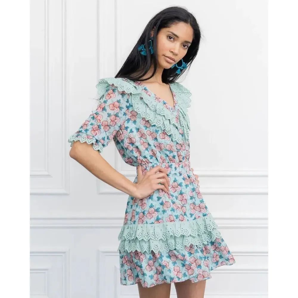 The Shirt Nicky Floral Ruffle Mini Dress Mint Eyelet Lace Medium